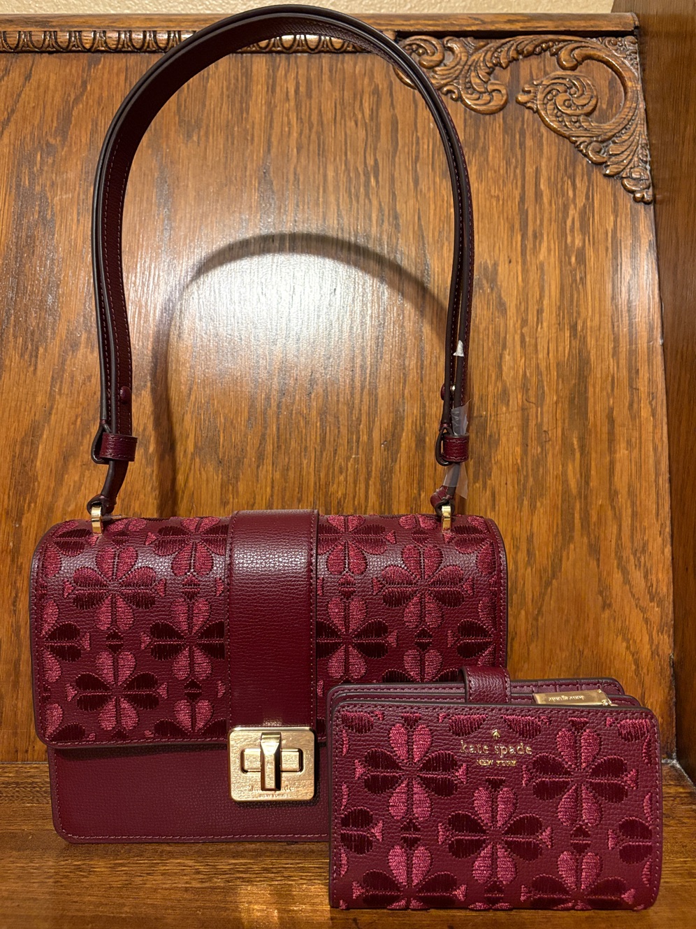 Nwt-Kate Spade-Set-Shoulder Bag & Bifold Wallet-Spadeflower Embroidery-Dk Merlot